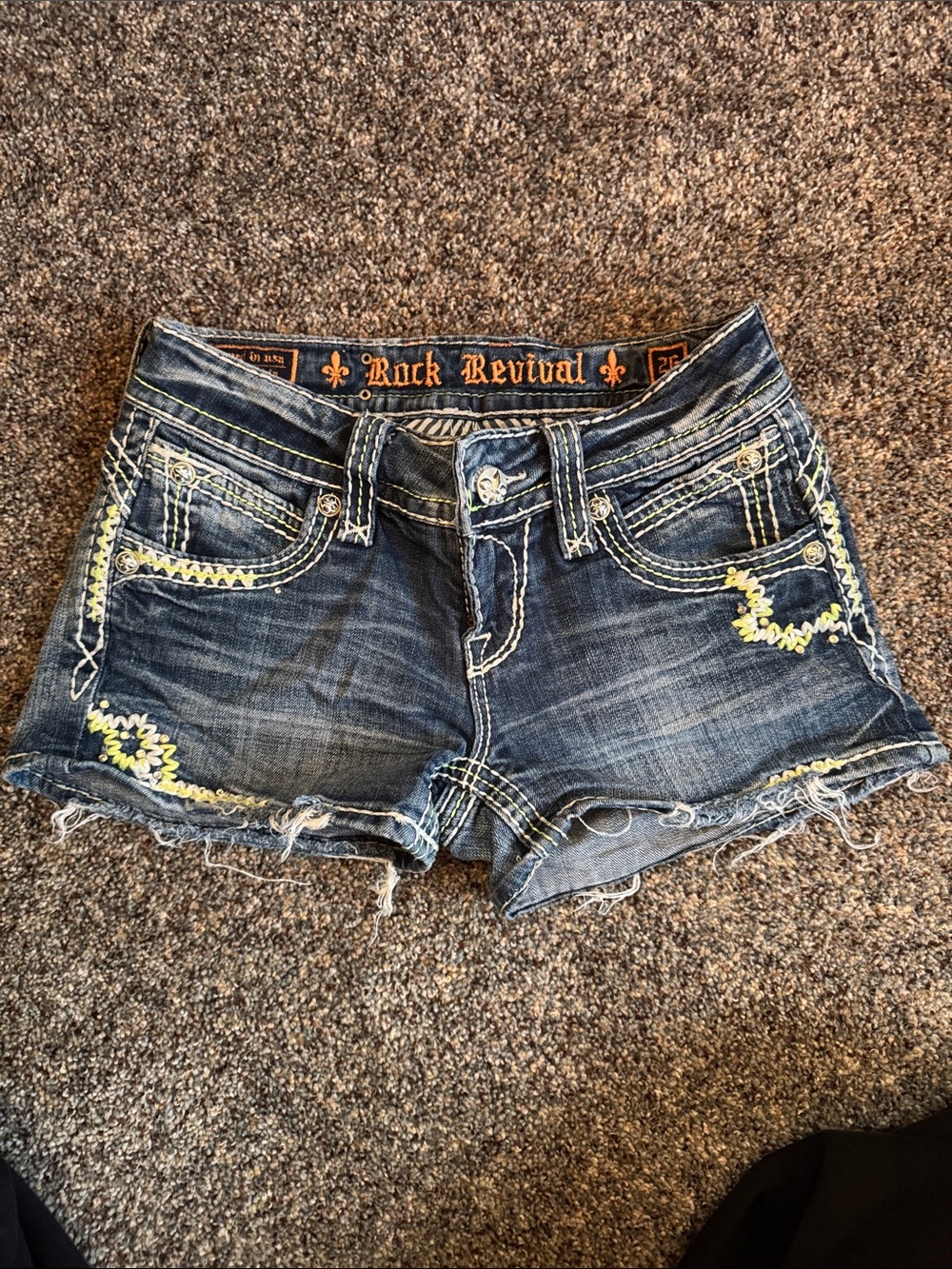 Rock Revival Scarlett 26 Dark Blue Denim Shorts with Lime Green Embroidery